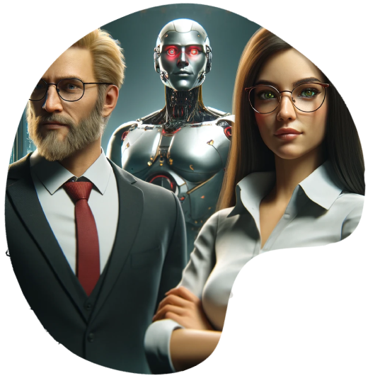 Os avatares criados por IA do Raphael Nunes e Vanessa Veiga Magalhães, junto com o robô humanoide Abbathor da ARTINT, discutindo estratégias de marketing em um escritório futurista.